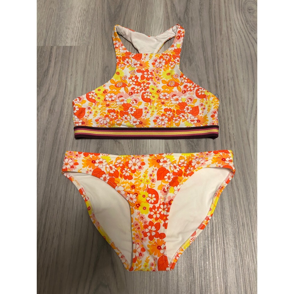 Aerie Womens Floral High Neck Bikini Set swim S/M Orange‎ mod Yellow Retro